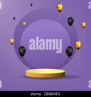 Scène dorée métallisée avec ballons volants, plate-forme ronde, fond minimal réaliste, scène de luxe en relief sur purplefor présentation de produit ou mockup Illustration de Vecteur