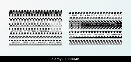 Barricade, ne pas traverser, police, crime danger ligne, jaune vif crime scène de crime ruban adhésif barrière. Rayures noires et blanches. Style vectoriel plat Illustration de Vecteur