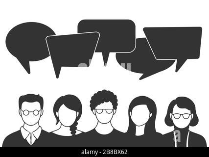 Les gens avatars avec des bulles de spaces. Communication entre hommes et femmes, lacustre de discussion. Collègues, équipe, réflexion, question, idée, réfléchir au concept. Illustration de Vecteur