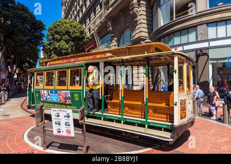 L'opérateur est sur le point de pousser un téléphérique dans la direction inverse à Powell et Market Street Turntable à San Francisco, États-Unis