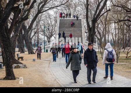 Touristes sur le pont de la ceinture de Jade sur un lac Kunming au Palais d'été, ancien jardin impérial à Beijing, Chine Banque D'Images