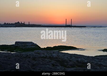 La côte de la mer Caspienne avec une plante lors d'une soirée d'été au coucher du soleil Banque D'Images