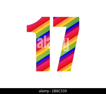 17 Numéro caractère numérique du style Rainbow. Illustration vectorielle colorée du nombre de dix-sept isolée sur fond blanc. Banque D'Images