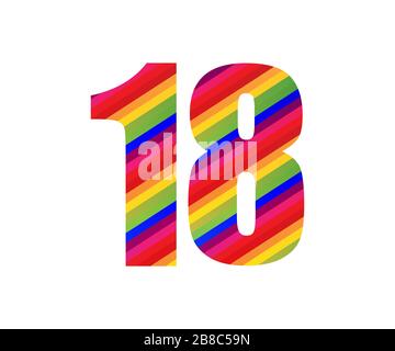 18 Numéro caractère numérique du style Rainbow. Illustration vectorielle colorée de dix-huit chiffres isolée sur fond blanc. Banque D'Images