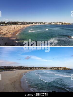 (200321) -- SYDNEY, le 21 mars 2020 (Xinhua) -- la photo combinée montre aux gens qui s'amusent à Bondi Beach le 20 mars 2020 (UP) et à Bondi Beach vide après avoir été fermé le 21 mars 2020 à Sydney, en Australie. L'emblématique plage de Bondi en Australie a été fermée après que des centaines de amateurs de plage bondés sur le sable vendredi, ignorant les lignes directrices actuelles en matière de distanciation sociale. Le ministre de la police de l'État de Nouvelle-Galles du Sud, David Elliott, a ordonné la fermeture de la plage à Sydney samedi après-midi. Il y a eu 874 cas confirmés de COVID-19 en Australie à partir de 6 h 30, heure locale Saturda Banque D'Images