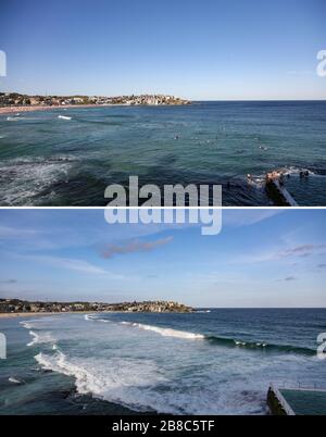 (200321) -- SYDNEY, le 21 mars 2020 (Xinhua) -- la photo combinée montre les personnes qui nagent dans la mer à Bondi Beach le 20 mars 2020 (UP) et la zone de baignade vide de la plage fermée Bondi le 21 mars 2020 à Sydney, en Australie. L'emblématique plage de Bondi en Australie a été fermée après que des centaines de amateurs de plage bondés sur le sable vendredi, ignorant les lignes directrices actuelles en matière de distanciation sociale. Le ministre de la police de l'État de Nouvelle-Galles du Sud, David Elliott, a ordonné la fermeture de la plage à Sydney samedi après-midi. Il y a eu 874 cas confirmés de COVID-19 en Australie à partir de 6 h 30, tim local Banque D'Images