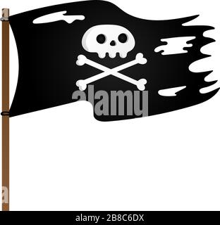 Drapeau pirate avec Jolly Rogeras crâne et croisant des os conception plate illustration vectorielle isolée sur fond blanc. Illustration de Vecteur