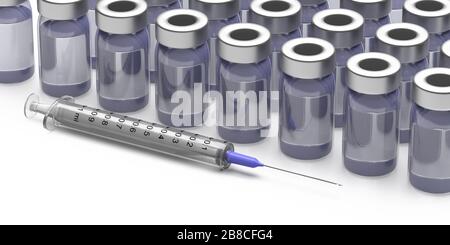 Vaccination, concept de soins de santé. Seringue à injection médicale et flacons de vaccin sur fond bleu. Seringue et flacons, médecine liquide. illustration tridimensionnelle Banque D'Images