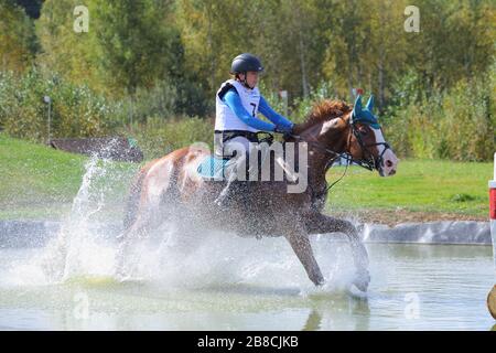 Un jeune cavalier cante son cheval de châtaignier à travers un saut en eau de campagne à un spectacle équestre Banque D'Images