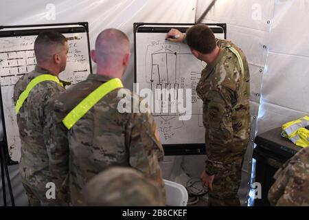 Staten Island, États-Unis. 21 mars 2020. CPT Miles Kirwin, Commandant d'Alpha Company, 1 e Bataillon, 69 e Infantry, Garde nationale de l'Armée de New York, informe les membres de l'équipe sur les lieux de soutien des troupes avant l'ouverture du centre de tests mobiles COVID-19 situé au Centre comportemental South Beach, Staten Island, New York, le 19 mars 2020. Des membres de l'Armée de New York et de la Garde nationale aérienne ont été activés dans le cadre de l'opération COVID-19 pour appuyer les efforts d'intervention de l'État et de la région. Photo du major Patrick Cordova/U.S. Air National Guard/UPI crédit: UPI/Alay Live News Banque D'Images