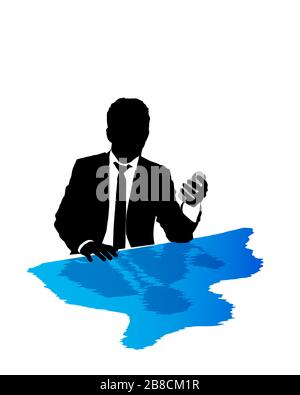 Homme de costume d'affaires se penchant sur un fond bleu et parler avec le téléphone dans sa main. Silhouette vectorielle. Illustration de Vecteur