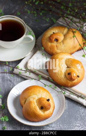 Petits pains traditionnels en forme d'oiseaux de printemps recouverts de sirop sucré. Banque D'Images