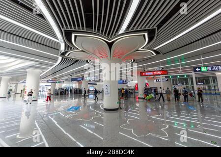 Beijing, Chine – 30 septembre 2019 : CAO Qiao Caoqiao Beijing Daxing Airport Station de métro Express MRT à Beijing, Chine. Banque D'Images