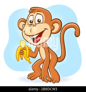 Illustration vectorielle d'un petit singe joyeux et mignon tenant une banane dans sa main et manger Illustration de Vecteur