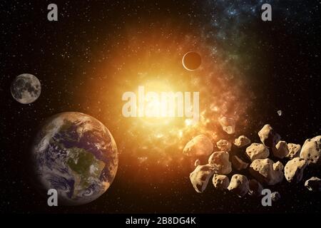 Planètes autour du soleil dans le système solaire avec des astéroïdes dans l'univers coloré de la starry éléments de cette image meublée par la NASA Banque D'Images