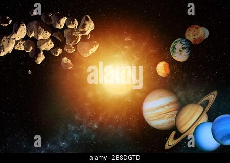 Planètes autour du soleil dans le système solaire dans l'univers coloré de la starry éléments de cette image meublée par la NASA Banque D'Images