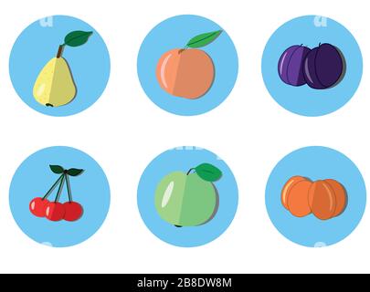 Ensemble d'icônes rondes avec des fruits. Poire jaune, pomme verte, pêche rose, prunes bleues, abricots orange, trois cerises rouges sur fond bleu Illustration de Vecteur