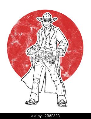 Dessin de l'arme de feu. Cowboy avec revolver sur l'illustration duel. Ouest sauvage américain. Banque D'Images