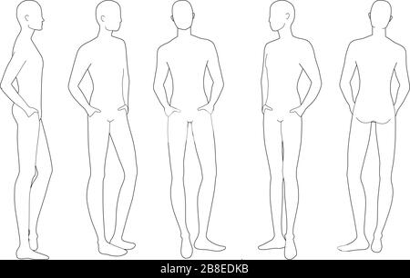 Modèle de mode de repos debout hommes. 9 dimensions de tête pour le dessin technique. Les messieurs se voient de l'avant, du côté, 3-4 et de l'arrière. Silhouette vectorielle pour l'esquisse et l'illustration de mode. Illustration de Vecteur