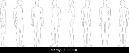 Modèle de mode des hommes debout dans 8 points de vue. 9 dimensions de tête pour le dessin technique. Les messieurs sont devant, côté, 3-4 et arrière. Silhouette vectorielle pour l'esquisse et l'illustration de mode. Illustration de Vecteur