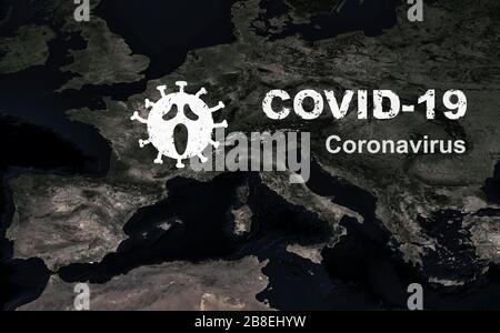 COVID-19 coronavirus en Europe, virus icon corona et inscription COVID-19 sur la planète sombre. Crash mondial dû à l'épidémie de coronavirus. Pandémie de VID19 Banque D'Images