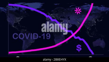 COVID-19 concept de pandémie, graphique du krach boursier sur la carte sombre de la planète. L'économie mondiale frappée par l'épidémie de virus corona. Crise financière mondiale due à Banque D'Images