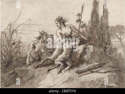 Giovanni Domenico Tiepolo (1727 – Venise – 1804), famille des satyres dans un paysage. Encre noire et noire, encre brune, teinte de lavage brune, 195 x 276 mm. Banque D'Images