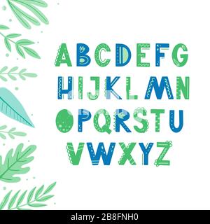 Drôle d'alphabet pour enfants avec des éléments dessinés à la main dans le style scandinave pour affiche, pépinière pour enfants, police, lettres design. Illustration vectorielle isolée en arrière-plan. Illustration de Vecteur