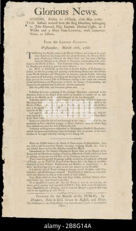 Glorieux News - London Gazette (acte du Timbre, avis d'abrogation) 1766-03-18. Banque D'Images