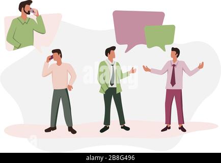 Activité des personnes liée à la discussion, à la discussion ou à la motivation. Les gens s'illustrent avec un discours de bulle. Les personnes qui parlent avec un téléphone portable Illustration de Vecteur