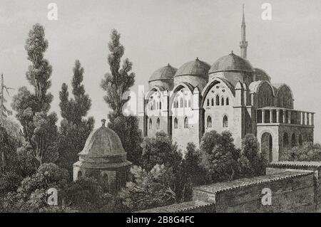 Turquía. Constantinopla (Estambul réel). Mezquita Tersana, taambién llamada Mezquita de Piyale Pasha. Construida en época otomana, siglo XVI Barrio de Kasipasa. Arquitecto: Mimar Sinan. Grabado por Lemaitre, Vormser y Cholet. Historia de Turquía, por Joseph Marie Jouannin (1783-1844) et Jules Van Gaver. Panorama universel, edición española de 1840. Banque D'Images