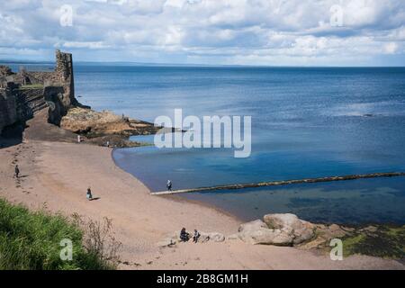 Le château de St. Andrews est situé sur un promontoire rocheux surplombant une petite plage appelée Castle Sands sur la mer du Nord. La structure date du XIIIe siècle, Banque D'Images