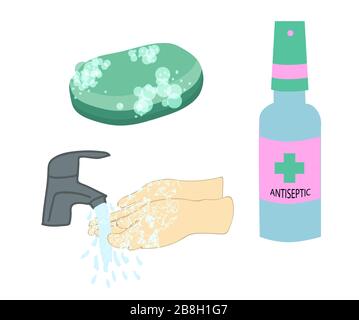ANTISEPTIQUE, savon, mains de lavage, mains sous l'eau isolé sur un fond blanc. Agent antiviral. Protection contre le coronavirus. Hygiène. Illustration de Vecteur