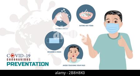 Le garçon porte un masque montrant infographie la façon de prévenir l'infection par le virus coronarien, Covid-19, diminuer l'infection et la propagation de la maladie. Vecteur il Illustration de Vecteur