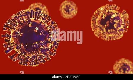 Illustration des virus corona, covid-19 sur fond rouge. Contagion et propagation d'une maladie. Illustration tridimensionnelle. Banque D'Images