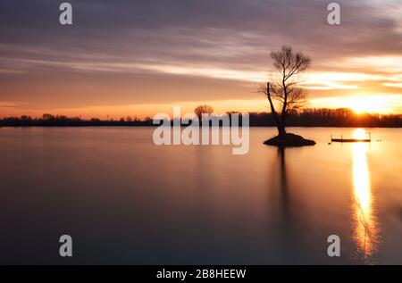 Lac avec seul arbre au coucher du soleil spectaculaire Banque D'Images