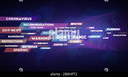 Historique Breaking News. Les principaux tags pour la maladie du coronavirus COVID-19. Rayures colorées et lignes vives ondulées dynamiques avec carte du monde demi-ton Illustration de Vecteur