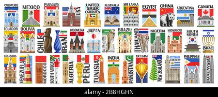 Ensemble vectoriel de pays américains et asiatiques avec drapeaux et symboles, 38 étiquettes verticales isolées avec drapeaux nationaux et police de pinceau pour différents Illustration de Vecteur