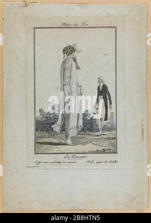 Méthodes et modes de la journée à Paris à la fin du XVIIIe siècle et au début du XIXe siècle, « la réunion de Louis-Philibert Debucourt (1755-1832) ». 'Modes et manières du jour à Paris à la fin du XVIIIème siècle et au commencement du XIXème siècle'. 'La rencontre' (coiffure avec guirlandes). Gravure (eau-forte en couleurs). Paris, musée Carnavalet. Banque D'Images