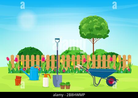 Jardin avec plantes et outils de jardin Illustration de Vecteur