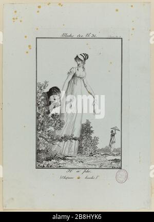 Méthodes et modes de la journée à Paris à la fin du XVIIIe siècle et au début du XIXe siècle; il a plu (boucles de chapeau) Louis-Philibert Debucourt (1755-1832). 'Modes et manières du jour à Paris à la fin du XVIIIème siècle et au commencement du XIXème siècle'. 'Il a plu' (chapeau à boucles). Gravure (eau-forte). Paris, musée Carnavalet. Banque D'Images