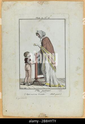 Méthodes et modes de la journée à Paris à la fin du XVIIIe siècle et au début du XIXe siècle; plus calmement Louis-Philibert Debucourt (1755-1832). 'Modes et manières du jour à Paris à la fin du XVIIIème siècle et au commencement du XIXème siècle'.'plus biens' (toquet et châle carré). Gravure (eau-forte en couleurs). Paris, musée Carnavalet. Banque D'Images