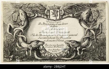 Divers espèces de Poissons d'eau douce, première partie, peur (Robert-Dumesnil 451, Bartsch 37) Albert Flamen (1620-1674). Les Diversations de poissons d'eau douce. Première partie : titre (Robert-Dumesnil 451, Bartsch 37). Eau-forte, XVIIème siècle. Musée des Beaux-Arts de la Ville de Paris, petit Palais. Banque D'Images