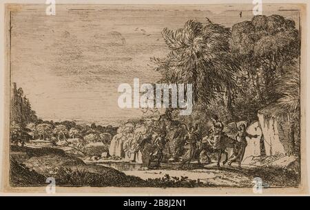 Le vol en Egypte. (Robert-Dumesnil 1; Mannocci 9) Claude Gellée (dit le Lorrain) (vers 1600-1682). 'La Fuite en Egypte. (Robert-Dumesnil 1 ; Mannocci 9)'. Eau-forte. 1630. Musée des Beaux-Arts de la Ville de Paris, petit Palais. Banque D'Images
