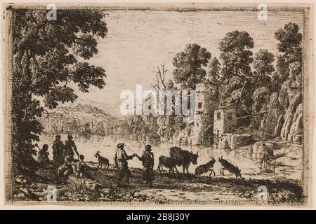 Dansez sur le bord de l'eau. (Robert-Dumesnil 6; Mannocci 13) Claude Gellée (dit le Lorrain) (vers 1600-1682). 'La danse au bord de l'eau. (Robert-Dumesnil 6 ; Mannocci 13)'. Eau-forte. 1634. Musée des Beaux-Arts de la Ville de Paris, petit Palais. Banque D'Images