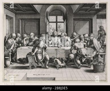 LE DÎNER Henri Goltzius d'après un tableau de Pieter Coecke van Aelst. 'La Cène'. Gravure, 1585. Musée des Beaux-Arts de la Ville de Paris, petit Palais. Banque D'Images