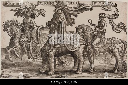 Le nouveau héros (3 cartes): 1. Hector de Troy, Alexander le Grand et Julius César (Bartsch 15, Hollstein 190) Lucas de Leyde (1494-1533). Les neuf héros (3 planches) : 1. Hector de Troie, Alexandre de Macédoine et Jules César (Bartsch 15, Holllstein 190). Gravure sur bois. 1520. Musée des Beaux-Arts de la Ville de Paris, petit Palais. Banque D'Images