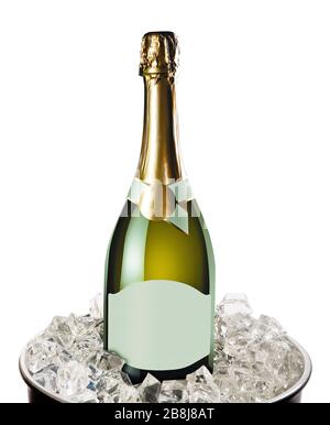 Bouteille de champagne dans un seau à glace sur le livre blanc Banque D'Images