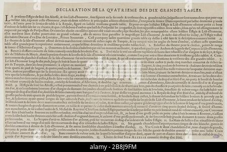 Funérailles de Charles troisième nom, duc de Lorraine, Nancy fait l'année 1608, quatrième des dix grandes tables, texte (le Blanc 5 page 516; Andreas Andresen 10 (6), Volume 4, page 194) Friedrich Brentel, dit Brentel le père (1580-1651). Pompe funèbre de Charles troisième du nom, Duc de Lorraine, fait à Nancy l'an 1608, quatrième des dix grandes tables, texte (le Blanc 5 page 516 ; Andreas Andresen 10 (6), tome 4, page 194). Eau-forte. 1609. Musée des Beaux-Arts de la Ville de Paris, petit Palais. Banque D'Images