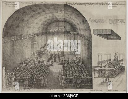 Funérailles de Charles nommé troisième pompe, duc de Lorraine, Nancy fait l'année 1608, le cinquième des dix grandes tables: Salle funéraire préparée à Nancy dans la salle Ducal (le Blanc 6 page 516; Andreas Andresen 10 (7) Volume 4, page 194) Friedrich Brentel, dit Brentel le père (1580-1651). Pompe funèbre de Charles troisième du nom, Duc de Lorraine, fait à Nancy l'an 1608, crème des dix grandes tables : salle funérabre pré à Nancy en l'Hôtel ducal (le Blanc 6 page 516 ; Andreas Andresen 10 (7), tome 4, page 194). Eau-forte. 1609. Musée des Beaux-Arts de la Ville de Paris, petit Palais. Banque D'Images